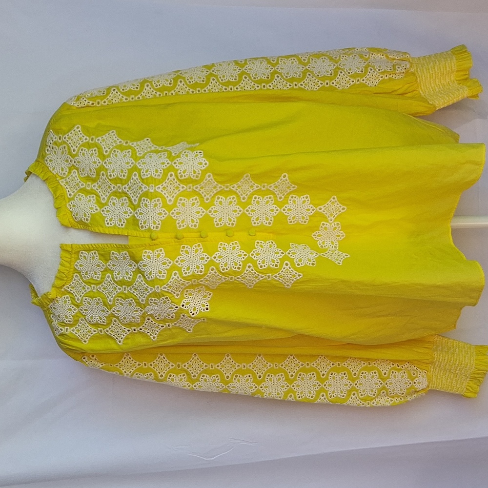 GIBSON & LATIMER Embroidered Floral Ruffled Button Front Neck Blouse Yellow XL - Picture 3 of 13